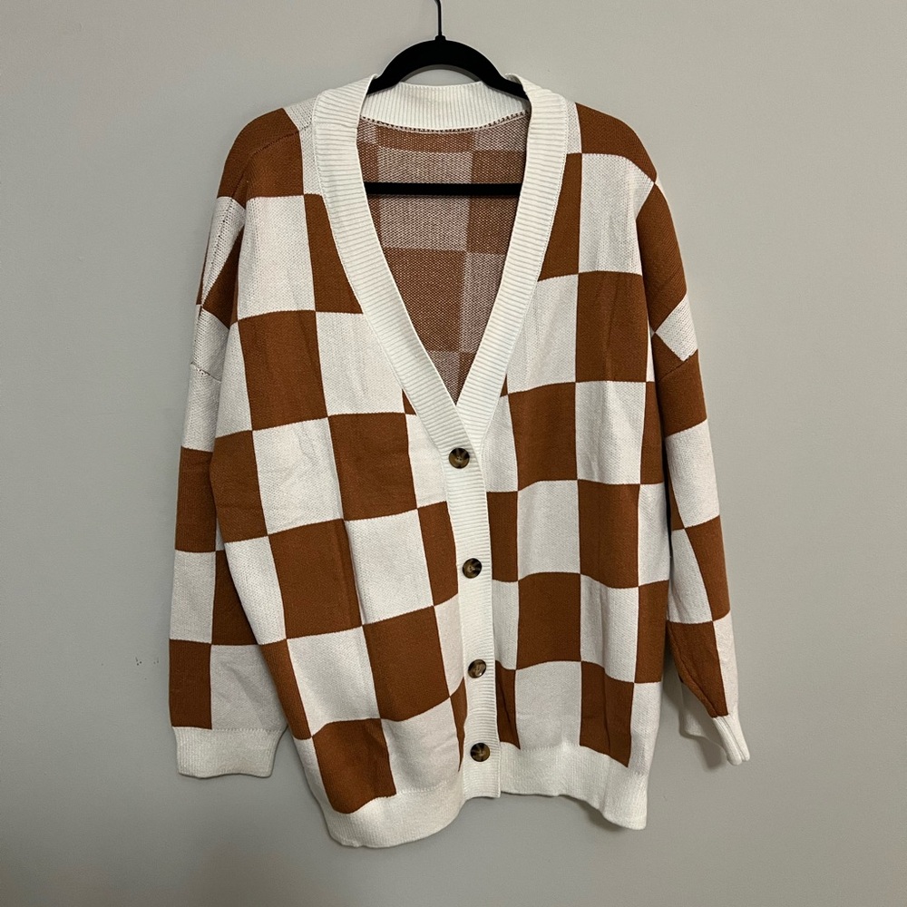 Brown and White Checkered Cardigan
